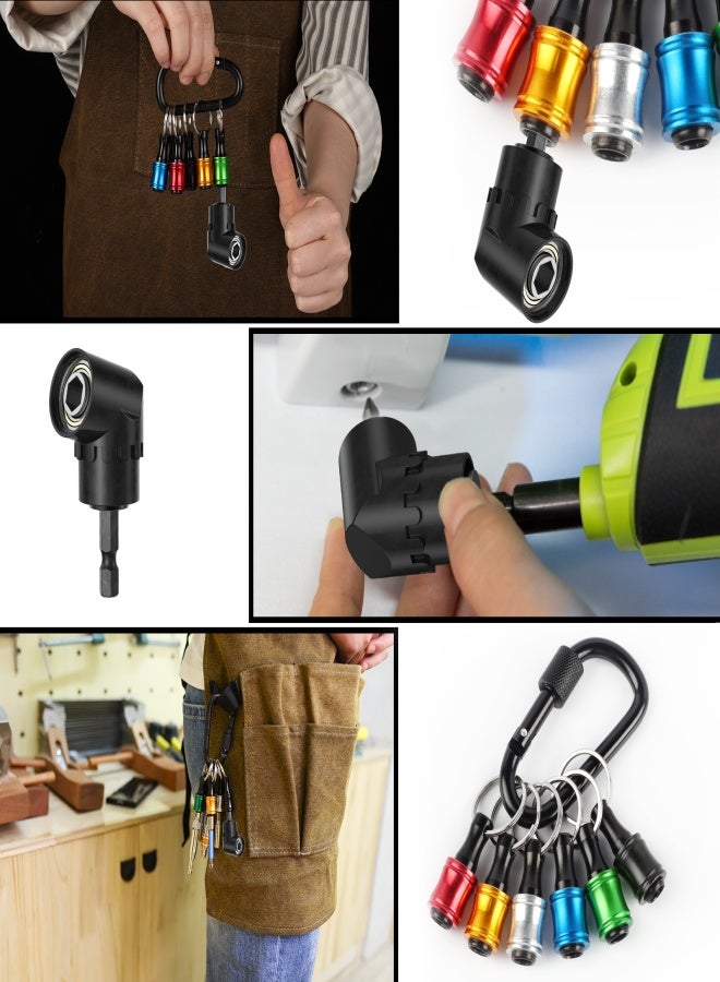 Katerk 1/4inch Hex Shank Aluminum Alloy Screwdriver Bits Holder Extension Bar Drill Screw Adapter Change Keychain Portable（6PC color with black carabiner）, Includes 105° Right Angle Drill - Image 2