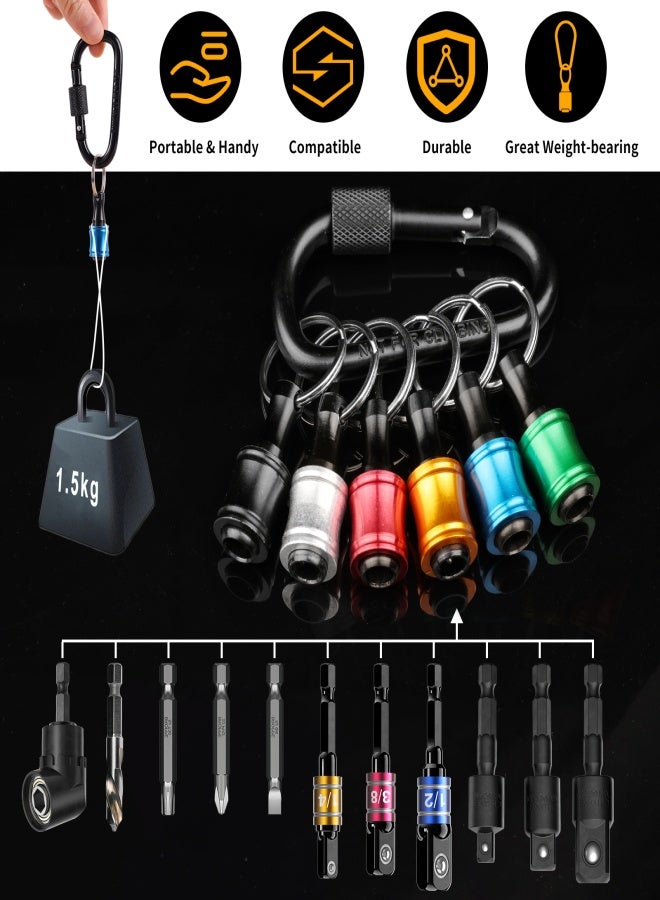 Katerk 1/4inch Hex Shank Aluminum Alloy Screwdriver Bits Holder Extension Bar Drill Screw Adapter Change Keychain Portable（6PC color with black carabiner）, Includes 105° Right Angle Drill - Image 3