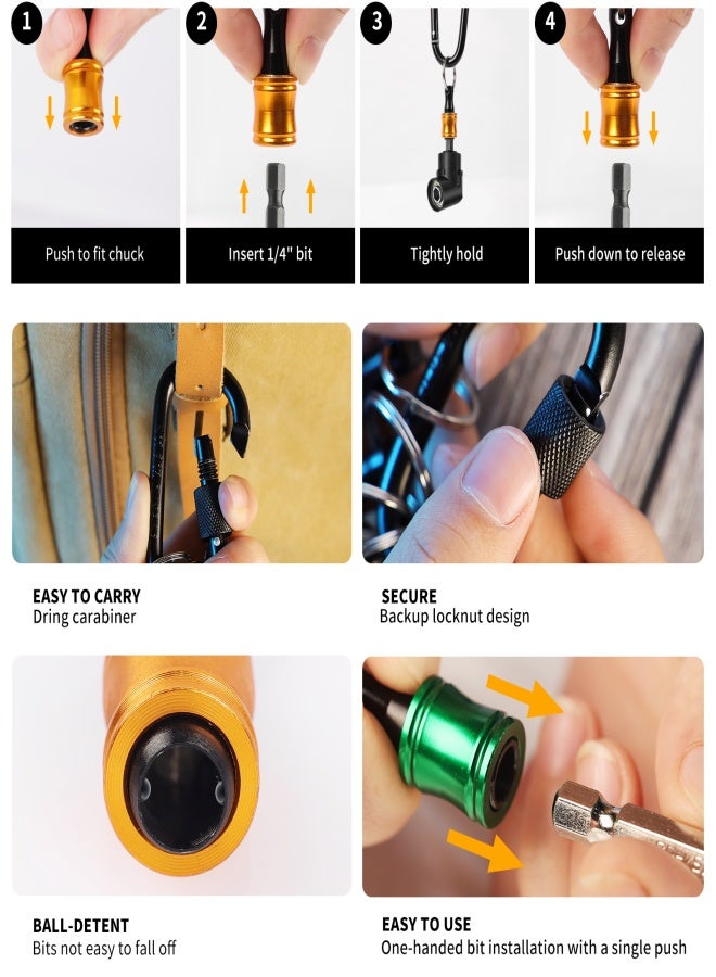 Katerk 1/4inch Hex Shank Aluminum Alloy Screwdriver Bits Holder Extension Bar Drill Screw Adapter Change Keychain Portable（6PC color with black carabiner）, Includes 105° Right Angle Drill - Image 4