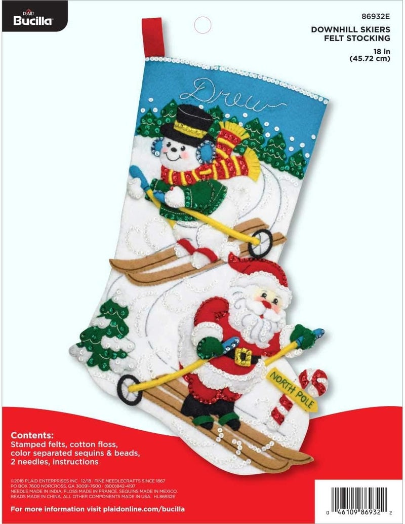 Bucilla Felt Stocking Applique Kit, 18", Downhill Skiers - Image 1