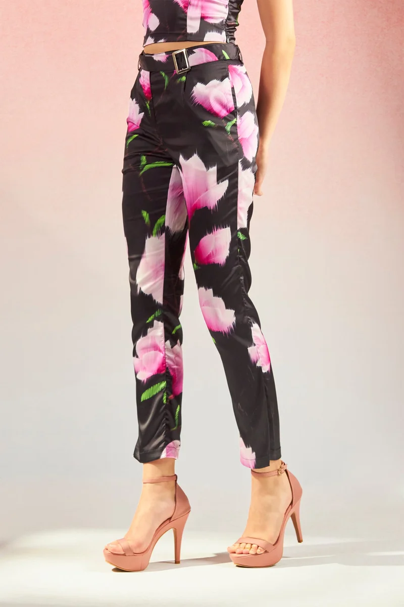 فيرجيو Satin Stretch Dinnerwear Floral Trousers for Women