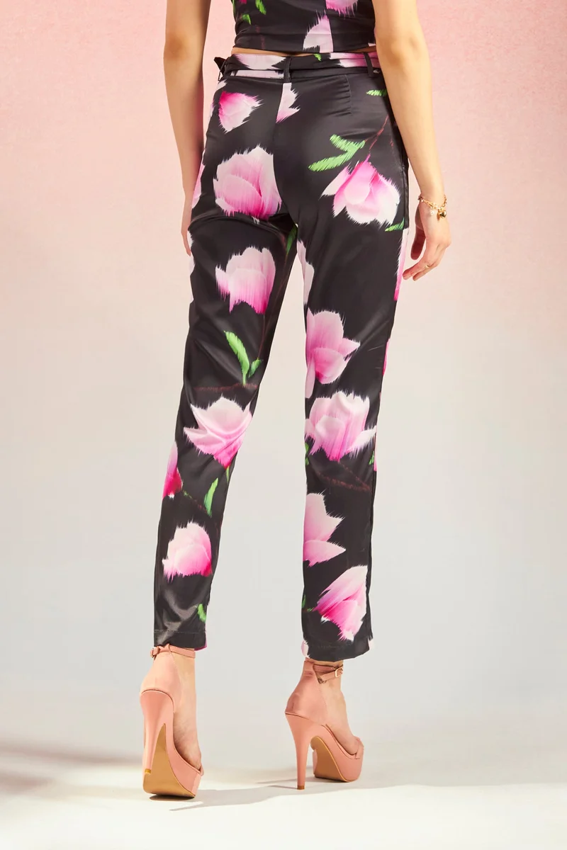 Virgio Satin Stretch Dinnerwear Floral Trousers for Women