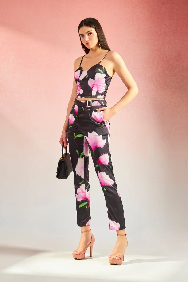 Virgio Satin Stretch Dinnerwear Floral Trousers for Women