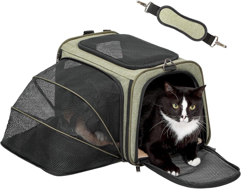 Petsfit Expandable Pet Carrier, Soft-Sided Portable Cat Carrier Dog Carrier, with Removable Plush Mat, Locking Safety Zippers and Pockets，Green，Medium - Image 1