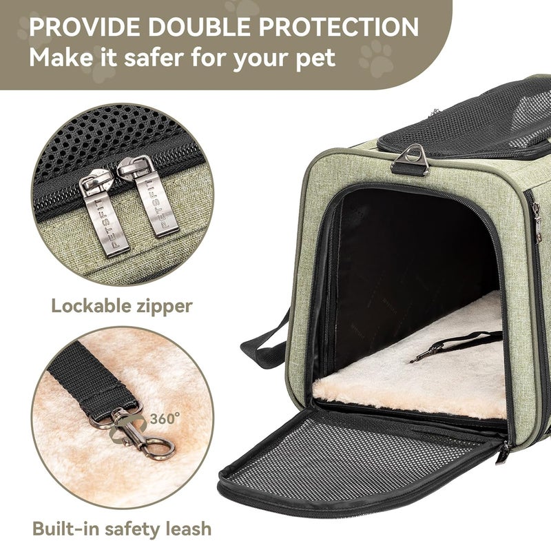 Petsfit Expandable Pet Carrier, Soft-Sided Portable Cat Carrier Dog Carrier, with Removable Plush Mat, Locking Safety Zippers and Pockets，Green，Medium - Image 5
