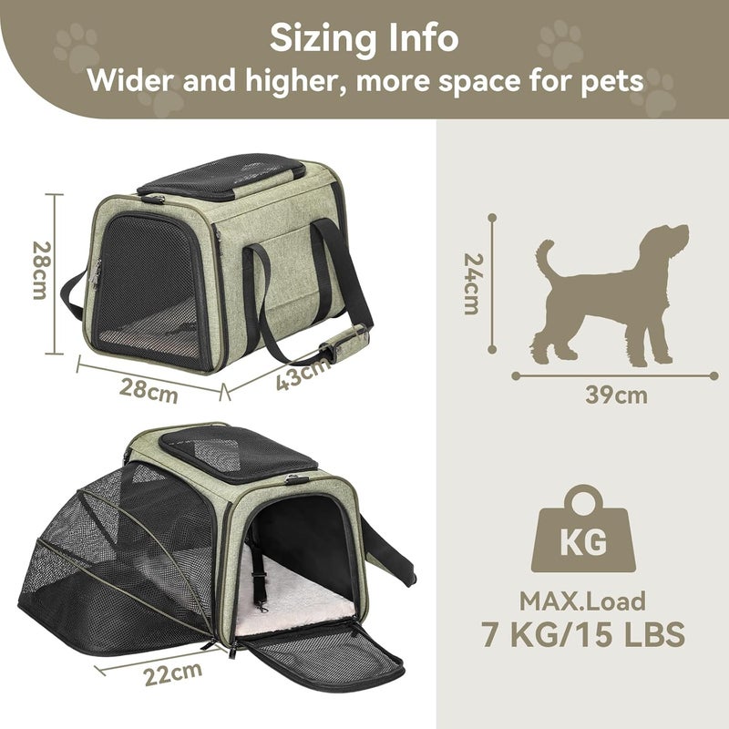 Petsfit Expandable Pet Carrier, Soft-Sided Portable Cat Carrier Dog Carrier, with Removable Plush Mat, Locking Safety Zippers and Pockets，Green，Medium - Image 4