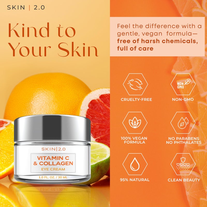 Skin 2.0 Vitamin C & Collagen Under Eye Cream for Dark Circles, Puffiness & Wrinkles â€“ Hydrating, Firming & Restoring Radiance â€“ Dermatologist Tested, Korean Skin Care, Vegan, Clean Beauty â€“ 1 fl oz - Image 3