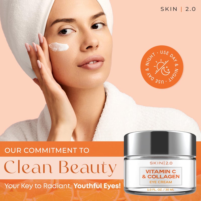 Skin 2.0 Vitamin C & Collagen Under Eye Cream for Dark Circles, Puffiness & Wrinkles â€“ Hydrating, Firming & Restoring Radiance â€“ Dermatologist Tested, Korean Skin Care, Vegan, Clean Beauty â€“ 1 fl oz - Image 2