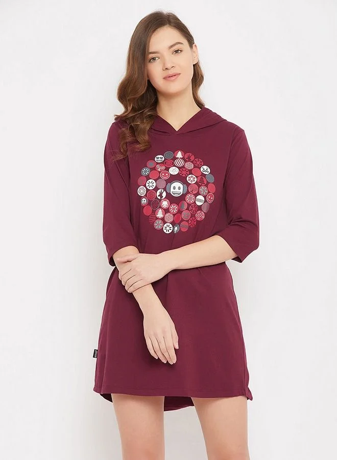 كلوفيا Clovia Christmas Print Short Night Dress in Maroon - 100% Cotton