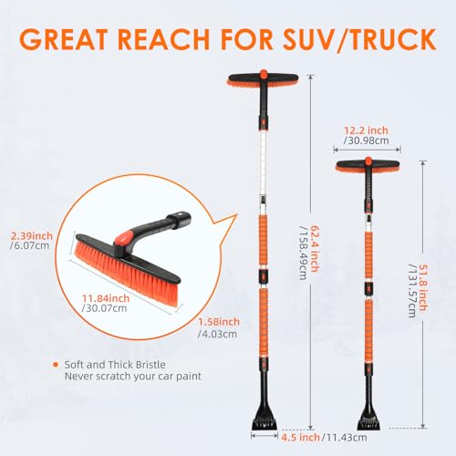 AstroAI 62.4" Ice Scrapers for Car Windshield and Extendable Snow Brush with Foam Grip and 360° Pivoting Brush Head for Christmas Car Auto Truck SUV(Orange) - Image 5