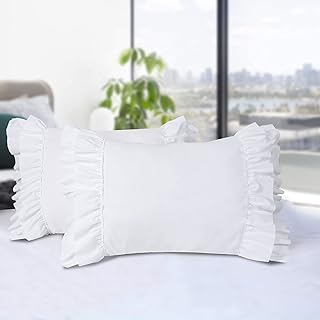 Hi -G HIG Pack of 2 Shabby Chic Ruffle Pillow Shams, Queen Size White French Country Style Vintage Pillowcases with Handcraft  - Image 1