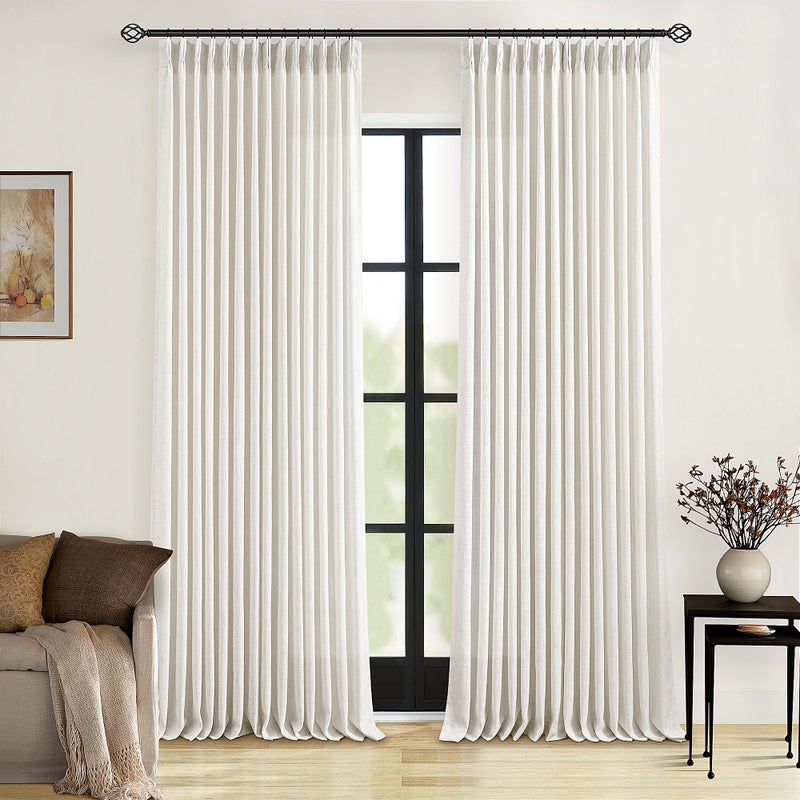 TWODRAPES Natural Linen Pinch Pleated Curtains 120 Inches Long for Living Room Pleated Drapes Hooks Back Tab Thick Linen Textured Boho Farmhouse Cream Ivory Birch Extra Long 120 Inch Curtain for Dining Bedroom - Image 1