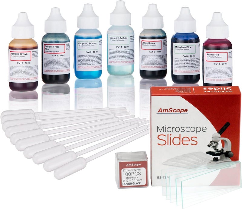 AmScope Microscope Stains Vital Stain Kit for Living Cells - 6 Stains, 72 Slides, 100 Coverslips, 10 Pipettes