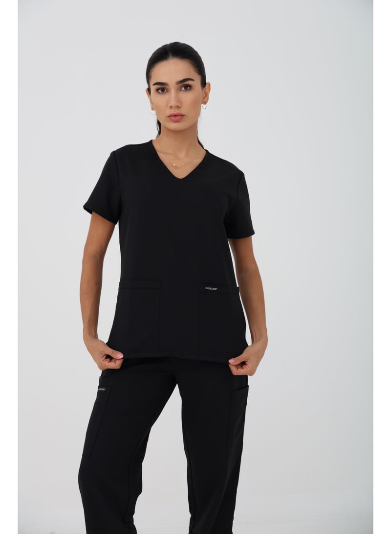 Cherokee Scrubs Set | WW Ultra | V-Neck Top & Mid Rise Pull-on Slim Leg Cargo Pant | CK953A & 281A | Black - Image 3