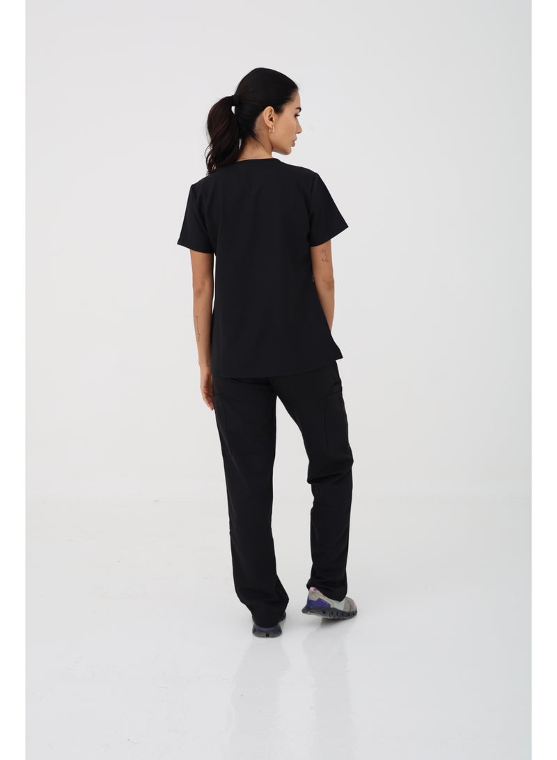 Cherokee Scrubs Set | WW Ultra | V-Neck Top & Mid Rise Pull-on Slim Leg Cargo Pant | CK953A & 281A | Black - Image 4