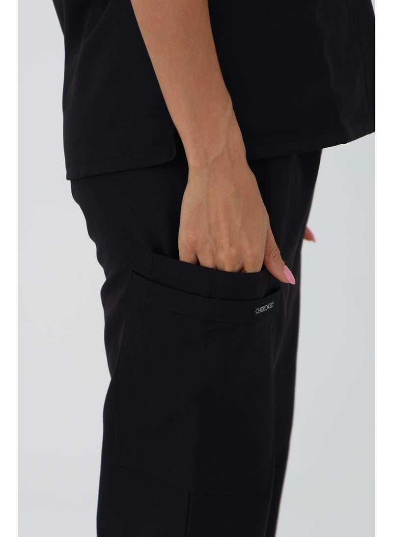 Cherokee Scrubs Set | WW Ultra | V-Neck Top & Mid Rise Pull-on Slim Leg Cargo Pant | CK953A & 281A | Black - Image 2