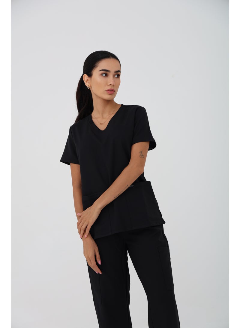 Cherokee Scrubs Set | WW Ultra | V-Neck Top & Mid Rise Pull-on Slim Leg Cargo Pant | CK953A & 281A | Black - Image 5