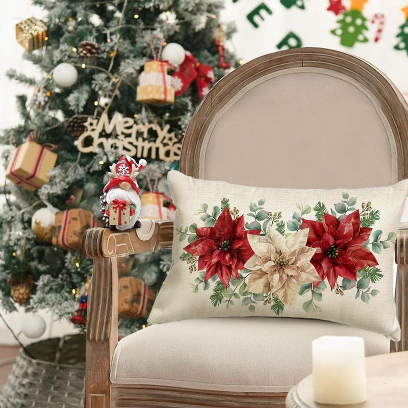 RABUSOFA Christmas Pillow Covers 12x20 Inch Poinsettia Decoration White Red Floral Eucalyptus Lumbar Decorative Throw Pillows Winter Holiday Xmas Christmas Decor Farmhouse for Home Couch - Image 2