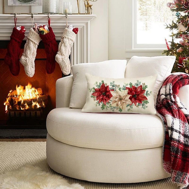 RABUSOFA Christmas Pillow Covers 12x20 Inch Poinsettia Decoration White Red Floral Eucalyptus Lumbar Decorative Throw Pillows Winter Holiday Xmas Christmas Decor Farmhouse for Home Couch - Image 3