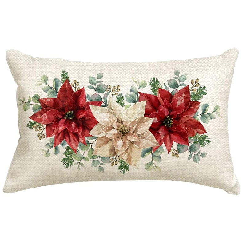 RABUSOFA Christmas Pillow Covers 12x20 Inch Poinsettia Decoration White Red Floral Eucalyptus Lumbar Decorative Throw Pillows Winter Holiday Xmas Christmas Decor Farmhouse for Home Couch - Image 1