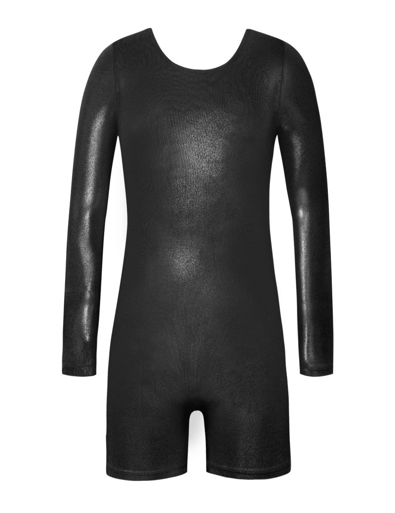 Nymphperi Girls Leotards for Gymnastics Size 6-7 Years Old Long Sleeve Black Athletic Activewear with Shorts - Image 1