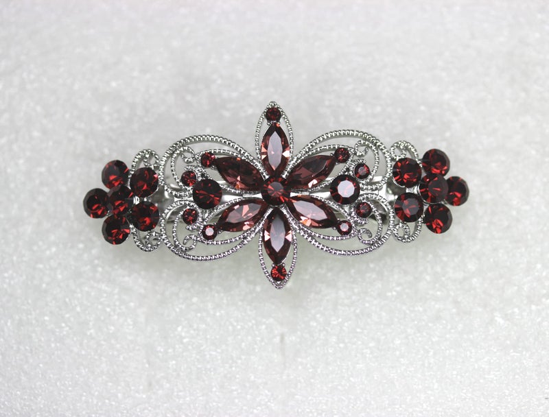 Faship Gorgeous Burgundy Rhinestone Crystal Flora Hair Barrette Clip - Image 2