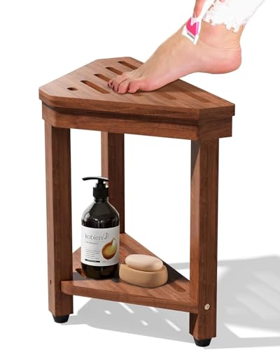 MISSEND Shower Foot Rest 15 in Acacia Shower Stool for Shaving LegsCorner Bath Shower Bench with Starage Shelf for Inside Small Shower Spaces - Image 1