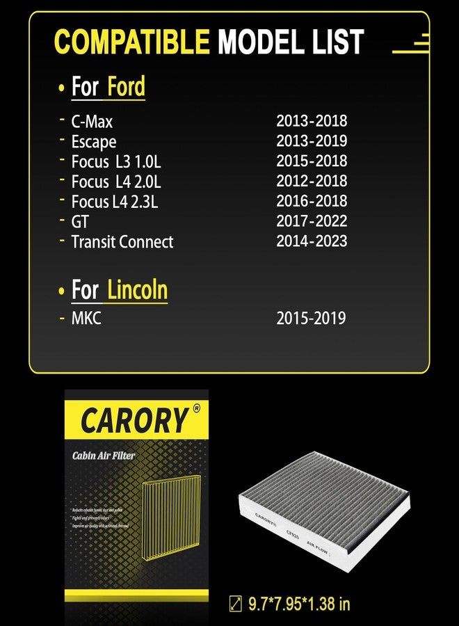 CARORY Cabin Air Filter w/Activated Carbon for Select 2013-2022 Ford, Lincoln Models - C-Max, Escape, Focus, Transit Connect, MKC, CV6Z-19N619A, FP-70, 2014 2015 2016 2017 2018 2019 2020 2021 - Image 2