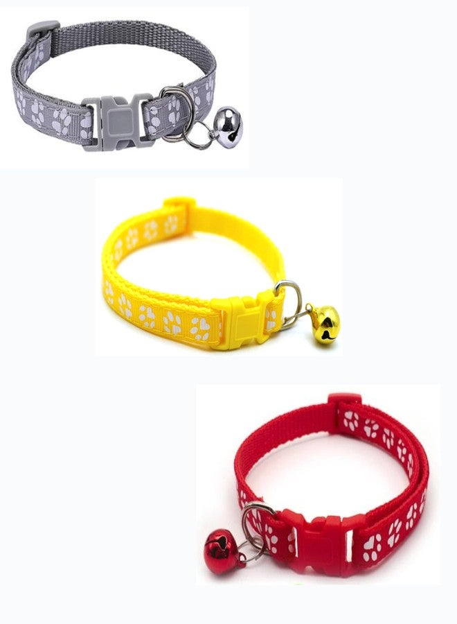 Chipmonk Cat Collars Set of 3 with Bell,Kitten and Small Dogs Soft Adjustable Collar Safe,Solid and Protection Breakaway for Cats and Puppies,Cute Kitty Neckband with Paw Print- (Grey,Yellow,Red) - Image 1