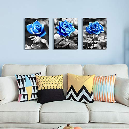 TTHYUEWS Canvas Wall Art For Living Room Family Wall Decor For Bedroom Black And White Pictures Artwork Blue Rose Flowers Wall Paintings Modern Office Bathroom Kitchen Wall Decorations 12" X 16" 3 Pieces - Image 2