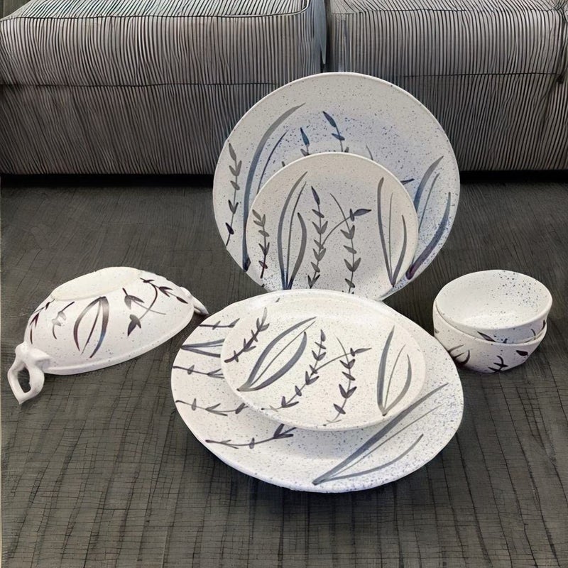 Caffeine Ceramic Handmade White Bamboo Combo Dinner Set (7 pcs.) - Image 1