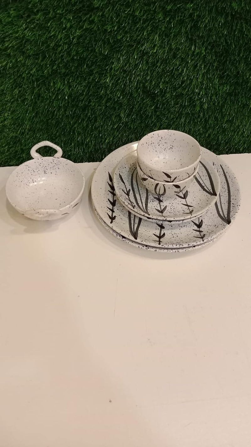 Caffeine Ceramic Handmade White Bamboo Combo Dinner Set (7 pcs.) - Image 2