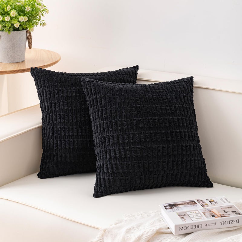 Aegero Pack of 2 Corduroy Decorative Throw Pillow Covers 20x20 InchSoft Striped Pillow Covers Modern Farmhouse Home Decor for Sofa Living Room Couch Bedï¼ˆBlackï¼‰ - Image 1