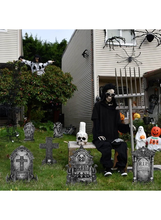 جورونب ديكورات هالوين خارجية: ٦ قطع من شواهد القبور الكبيرة، ديكورات فناء مع أوتاد، هيكل عظمي مخيف واقعي بطول ١٦ بوصة، شواهد قبور للمقبرة، مناسبة للفناء أو الحديقة أو الحفلات المنزلية الخارجية - Image 5