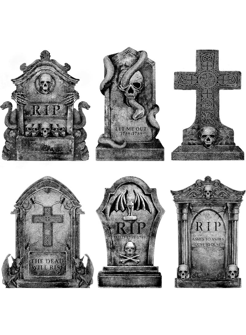 جورونب ديكورات هالوين خارجية: ٦ قطع من شواهد القبور الكبيرة، ديكورات فناء مع أوتاد، هيكل عظمي مخيف واقعي بطول ١٦ بوصة، شواهد قبور للمقبرة، مناسبة للفناء أو الحديقة أو الحفلات المنزلية الخارجية - Image 1