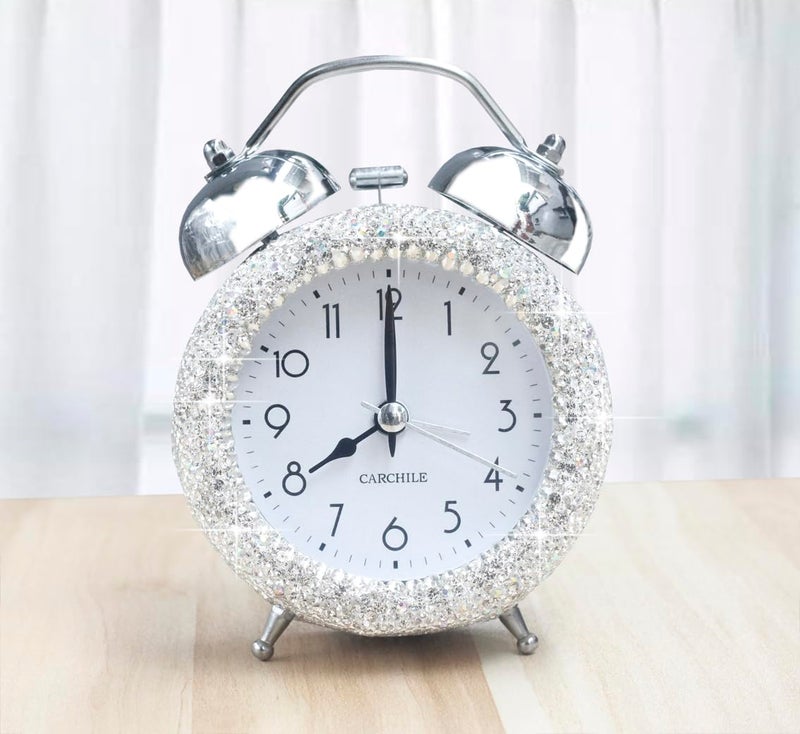 CARCHILE Bling Rhinestone Alarm Clock Morning Call for Bedroom Houser Desktop Home and Office Decorations AB Silver