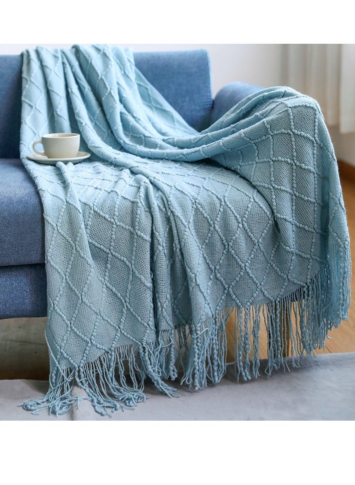 Loquat Tassel Design Knitted Soft Throw Blanket Keep Warm Ginger Lake Blue 