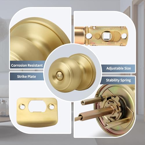 Moquin Flat Ball Privacy Brushed Gold Door Knob No Key, Round Interior Door Knob in Satin Brass Finish, Keyless Doorknob Lock for Bedroom Bathroom - Image 2