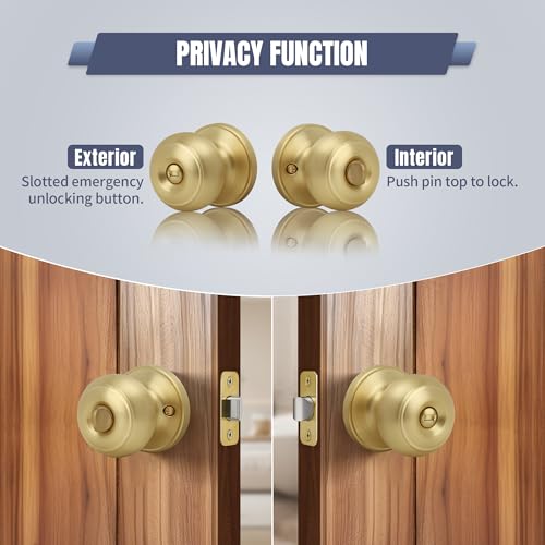 Moquin Flat Ball Privacy Brushed Gold Door Knob No Key, Round Interior Door Knob in Satin Brass Finish, Keyless Doorknob Lock for Bedroom Bathroom - Image 4
