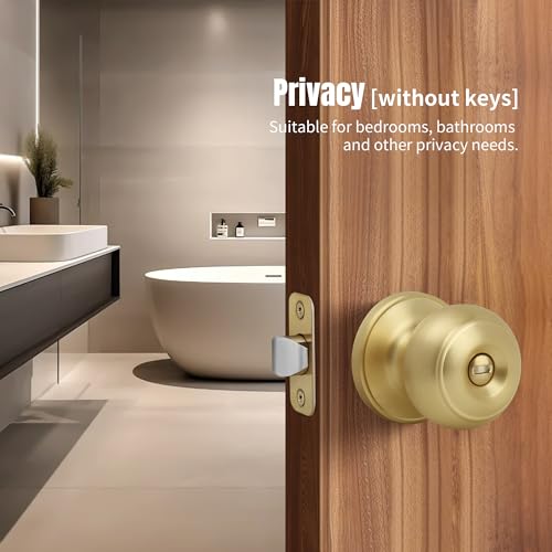 Moquin Flat Ball Privacy Brushed Gold Door Knob No Key, Round Interior Door Knob in Satin Brass Finish, Keyless Doorknob Lock for Bedroom Bathroom - Image 3