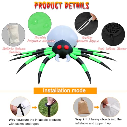 FunFanso 12FT Halloween Inflatables Spider Outdoor Decorations, Giant Blow Up Spider with Flame Lights & Red Glowing Eyes, Large Crawling Green Spider Props for Halloween Party Yard Garden Lawn Roof Decor - Image 5