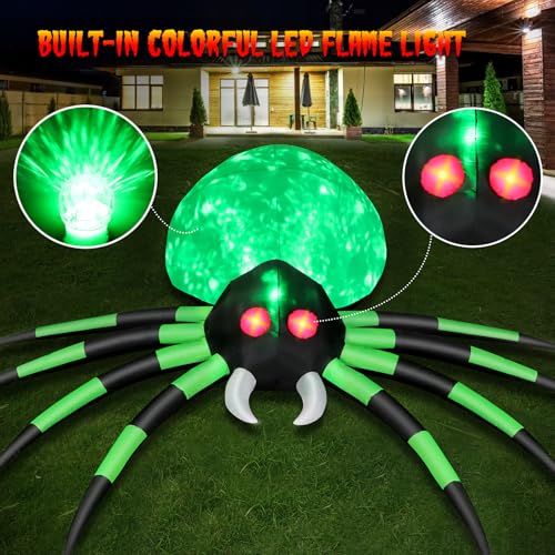 FunFanso 12FT Halloween Inflatables Spider Outdoor Decorations, Giant Blow Up Spider with Flame Lights & Red Glowing Eyes, Large Crawling Green Spider Props for Halloween Party Yard Garden Lawn Roof Decor - Image 2