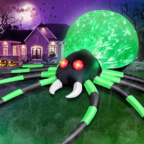 FunFanso 12FT Halloween Inflatables Spider Outdoor Decorations, Giant Blow Up Spider with Flame Lights & Red Glowing Eyes, Large Crawling Green Spider Props for Halloween Party Yard Garden Lawn Roof Decor - Image 1