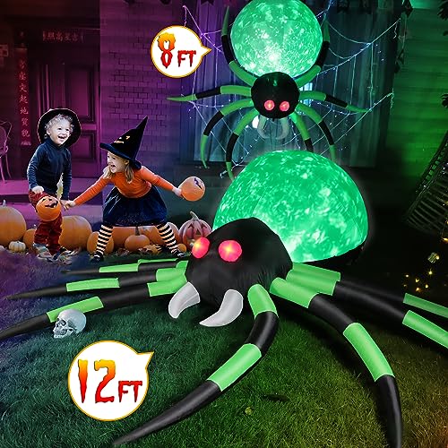 FunFanso 12FT Halloween Inflatables Spider Outdoor Decorations, Giant Blow Up Spider with Flame Lights & Red Glowing Eyes, Large Crawling Green Spider Props for Halloween Party Yard Garden Lawn Roof Decor - Image 4