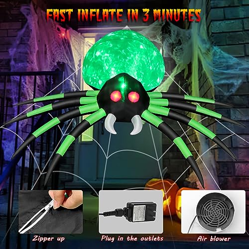 FunFanso 12FT Halloween Inflatables Spider Outdoor Decorations, Giant Blow Up Spider with Flame Lights & Red Glowing Eyes, Large Crawling Green Spider Props for Halloween Party Yard Garden Lawn Roof Decor - Image 3