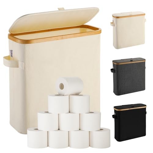 FuBegi Toilet Paper Basket With Lid for Mega Rolls, Large Bamboo Organizer Holder Stand for Bathroom, Enclosed Tissue Storage Bin Box Container, Free Standing, Beige - Image 1