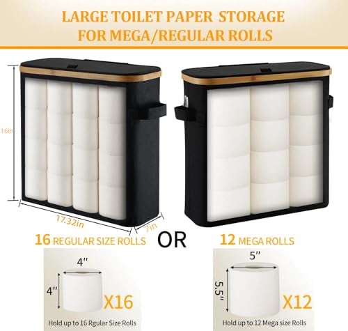 FuBegi Toilet Paper Basket With Lid for Mega Rolls, Large Bamboo Organizer Holder Stand for Bathroom, Enclosed Tissue Storage Bin Box Container, Free Standing, Beige - Image 3
