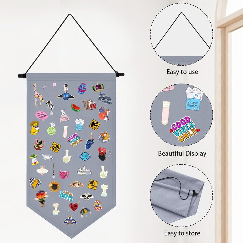 Winmany Wall Hanging Brooch Jewelry Storage Case Canvas Display Stand Enamel Pin Display Banner Holder Earrings Necklace Glitter Pin Collection Organizer (Grey) - Image 3