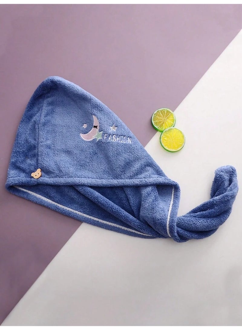 Cute Blue Moon & Star Hair Towel Hood – Soft Microfiber Hair Drying Wrap with Button Closure