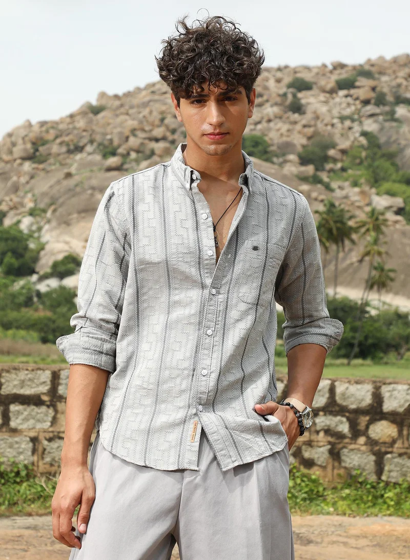 كامبوس سوترا Campus Sutra Men's Cloud Grey Geo-Stripe Jacquard Shirt | Button-Down Collar , Long Sleeve Cuffed Sleeves , Button Closure | Stripes Jacquard | Cotton-Blend Shirt For Casual Wear